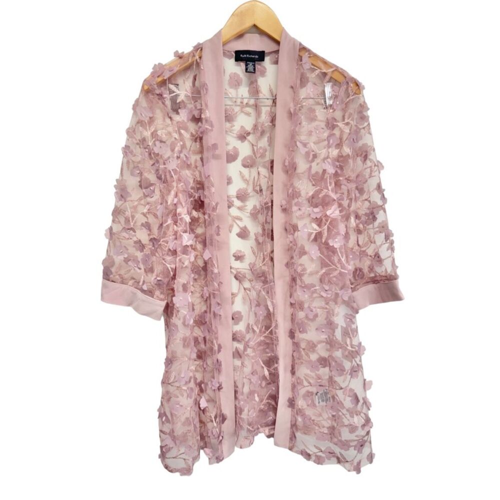 R&M Richard’s Long Cardigan Size 16 Pink 3D Floral 3/4 Sleeves NEW